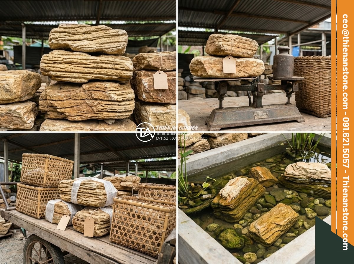 Cách tính khối lượng đá cổ thạch cần thiết cho một hồ cá Koi tiêu chuẩn - Professional stone selection process: close-ups of quality ancient stones being 