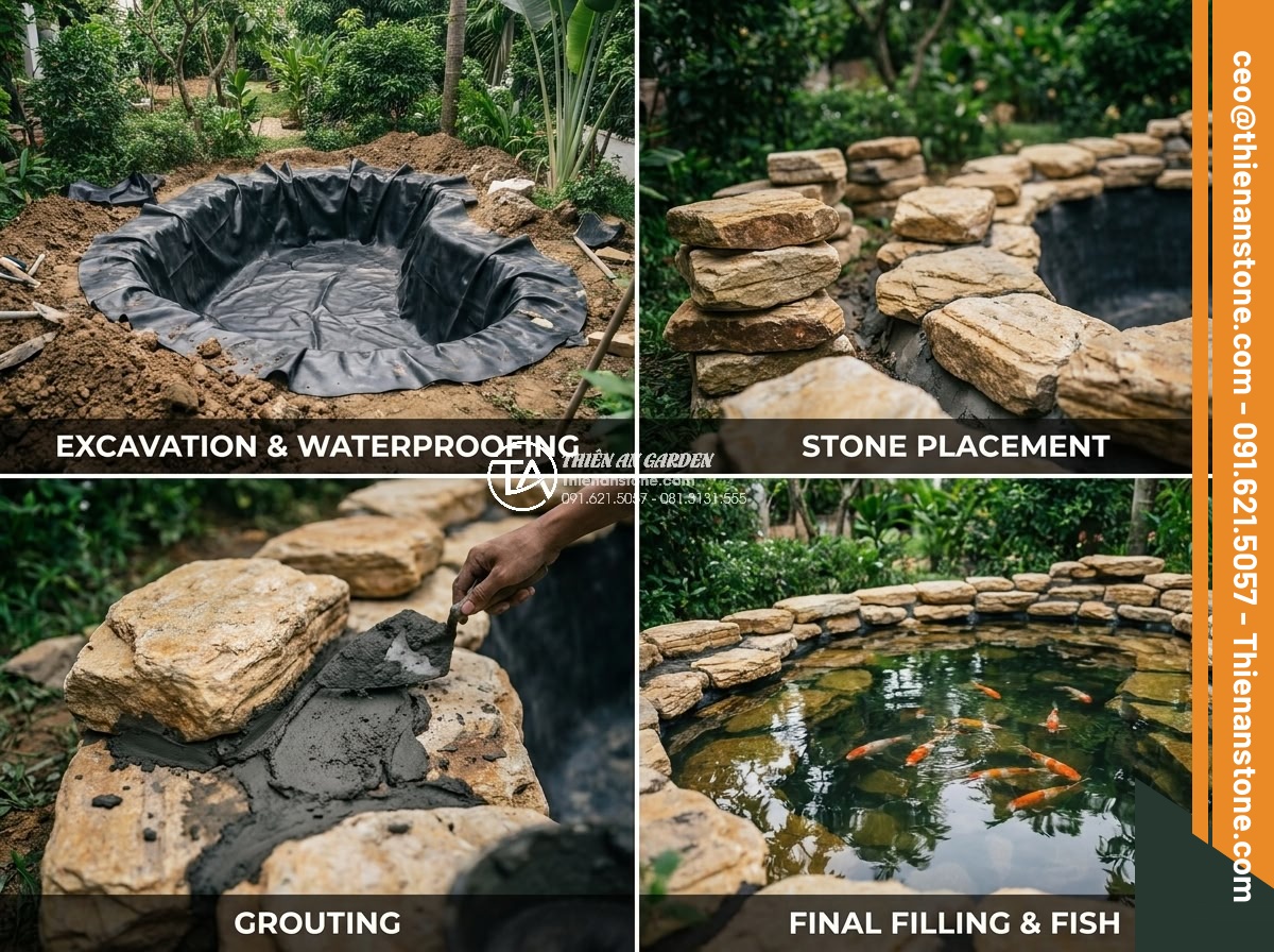 Cách tính khối lượng đá cổ thạch cần thiết cho một hồ cá Koi tiêu chuẩn - Sequential photo series of Koi pond construction process using ancient stones: e