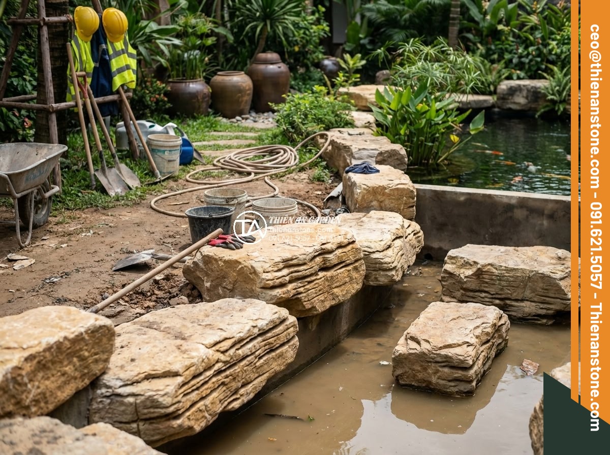 Cách tính khối lượng đá cổ thạch cần thiết cho một hồ cá Koi tiêu chuẩn - Completed installation phase showing workers carefully positioning large ancient