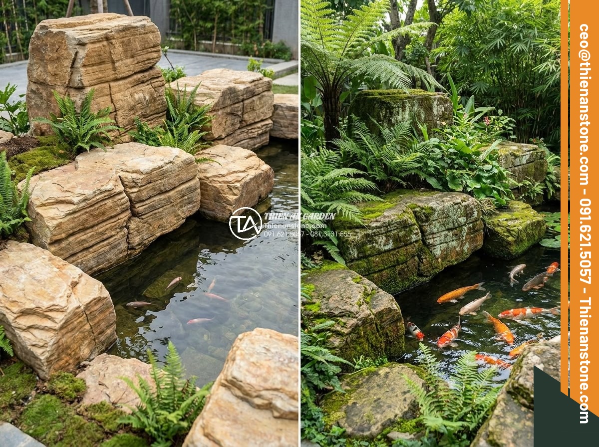 Cách tính khối lượng đá cổ thạch cần thiết cho một hồ cá Koi tiêu chuẩn - Long-term benefits visualization: before-and-after images of aged Koi ponds with