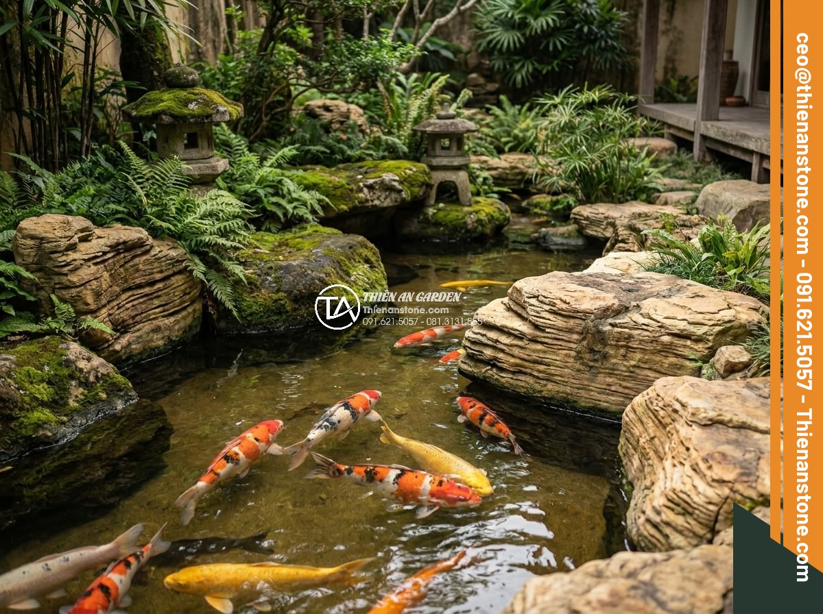 Cách tính khối lượng đá cổ thạch cần thiết cho một hồ cá Koi tiêu chuẩn - Healthy Koi fish in a mature pond heavily featuring ancient stones that have dev