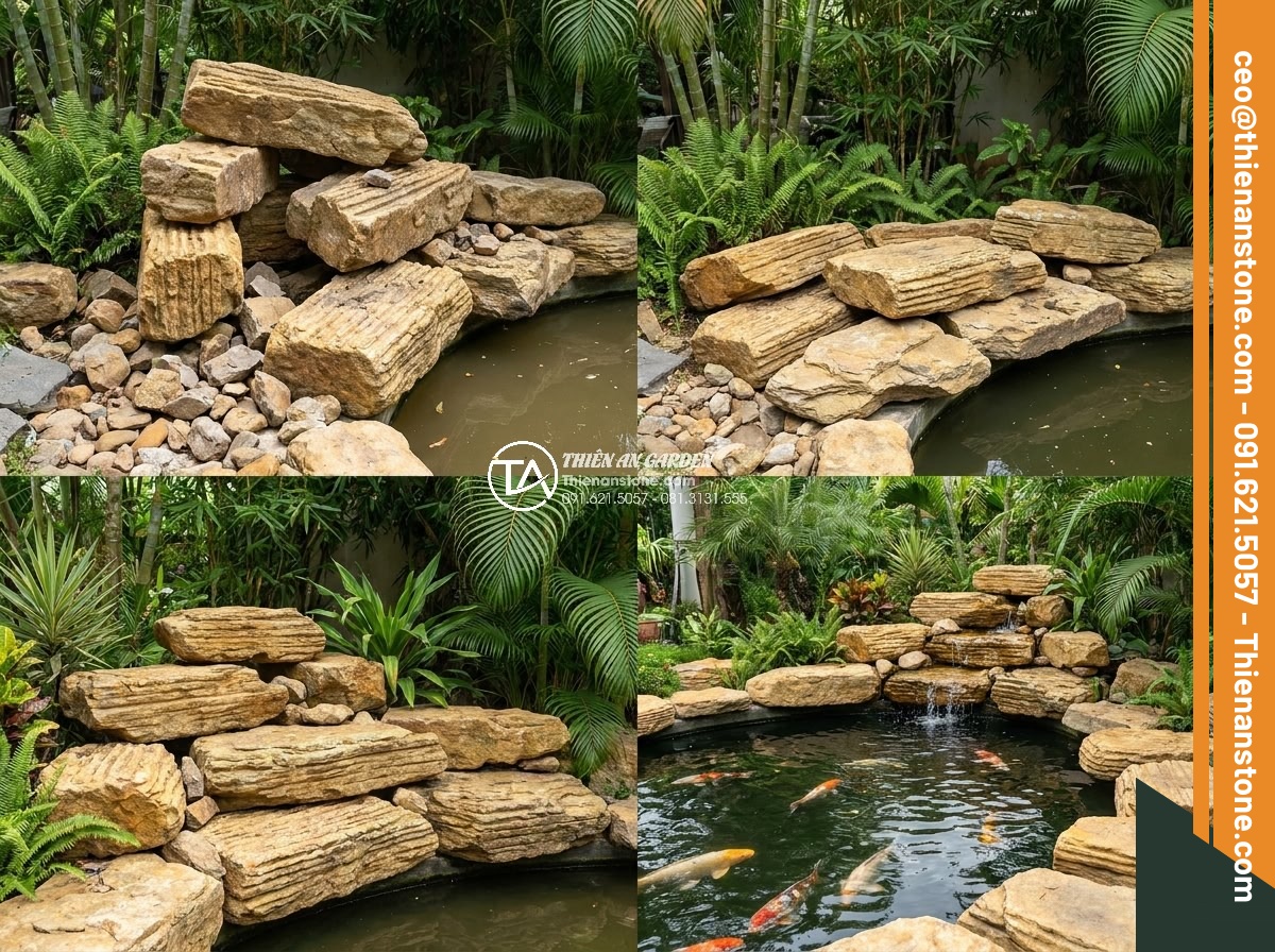 Cách tính khối lượng đá cổ thạch cần thiết cho một hồ cá Koi tiêu chuẩn - Common mistakes illustrated: poorly calculated stone layouts causing instability
