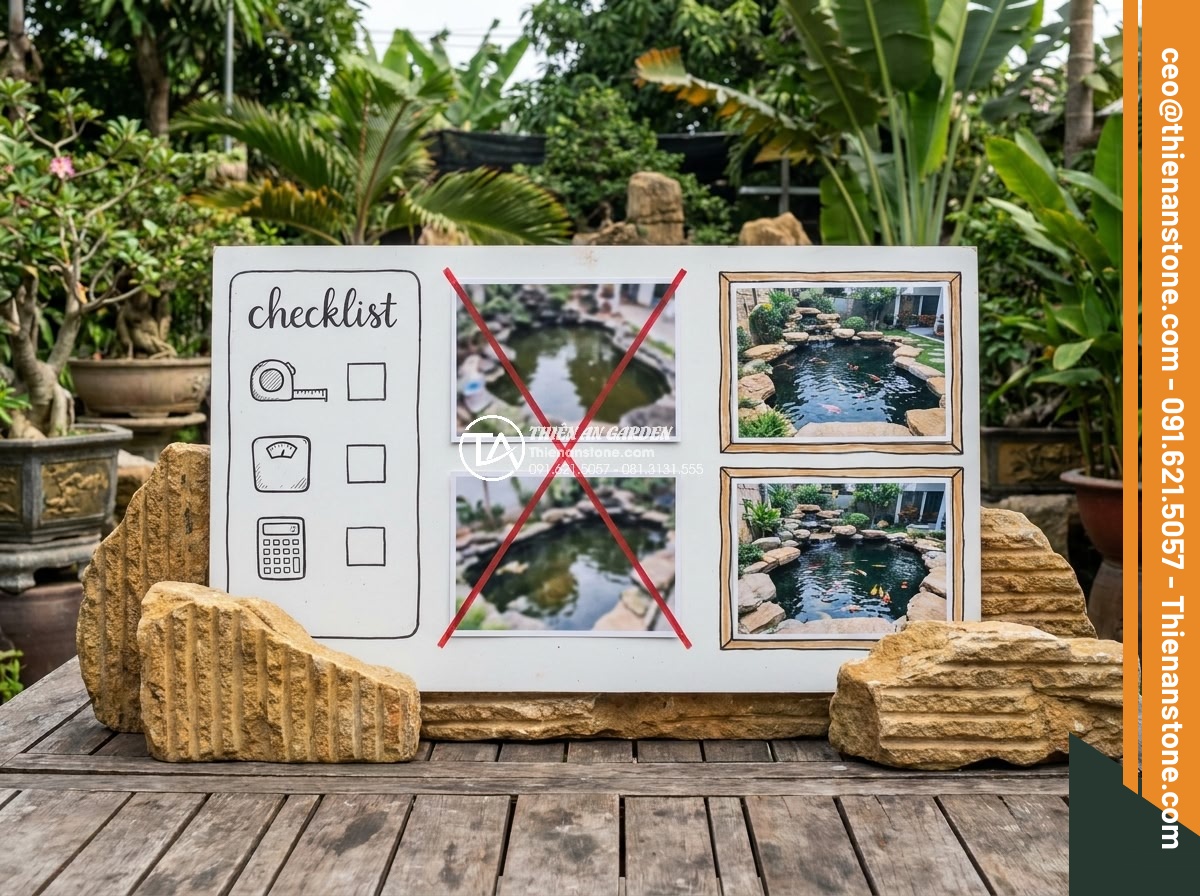 Cách tính khối lượng đá cổ thạch cần thiết cho một hồ cá Koi tiêu chuẩn - Expert tips graphic with checklists, common error photos crossed out, and succes