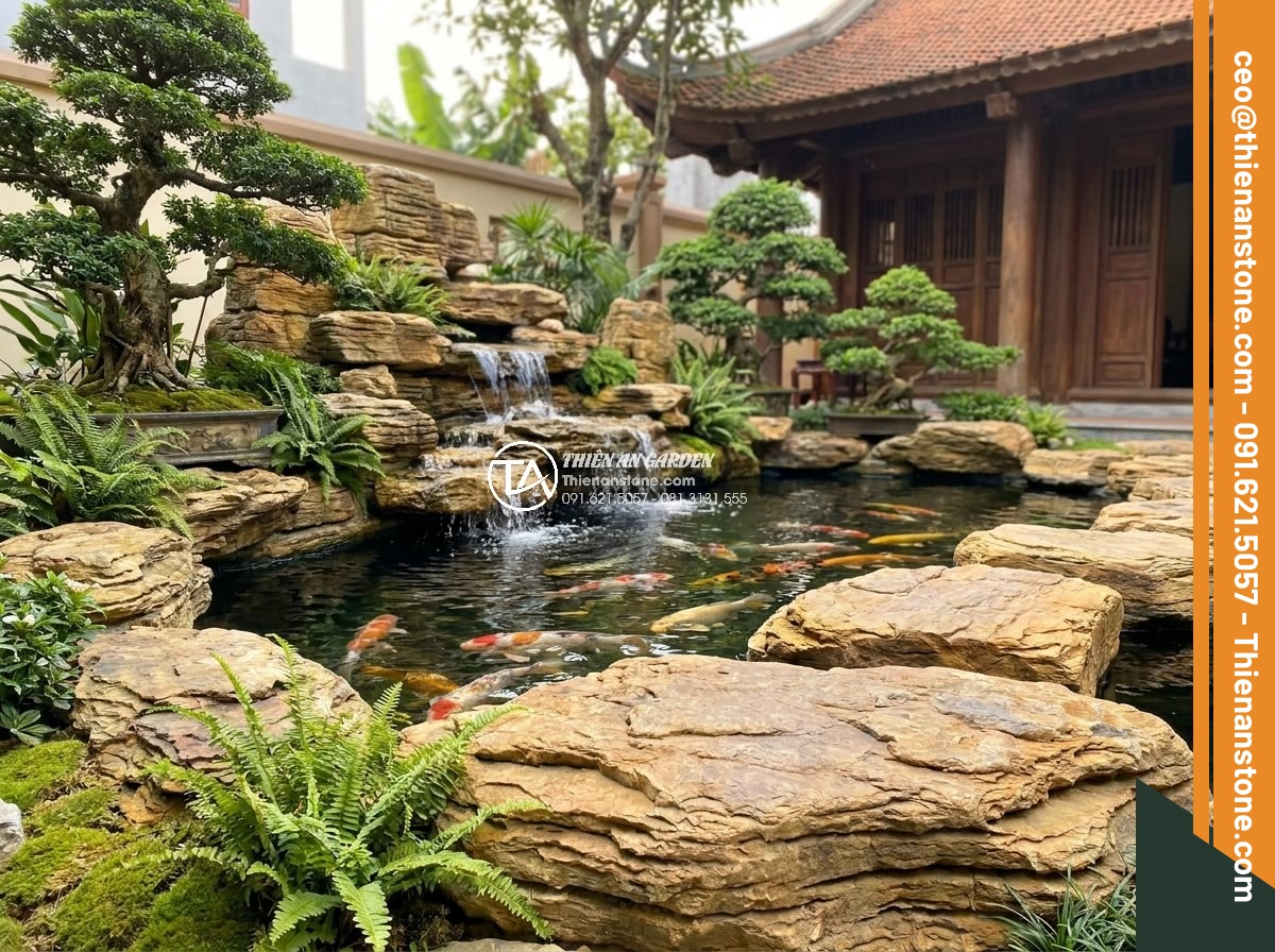 Cách tính khối lượng đá cổ thạch cần thiết cho một hồ cá Koi tiêu chuẩn - Final overview image of a fully completed premium Koi pond with expertly calcula