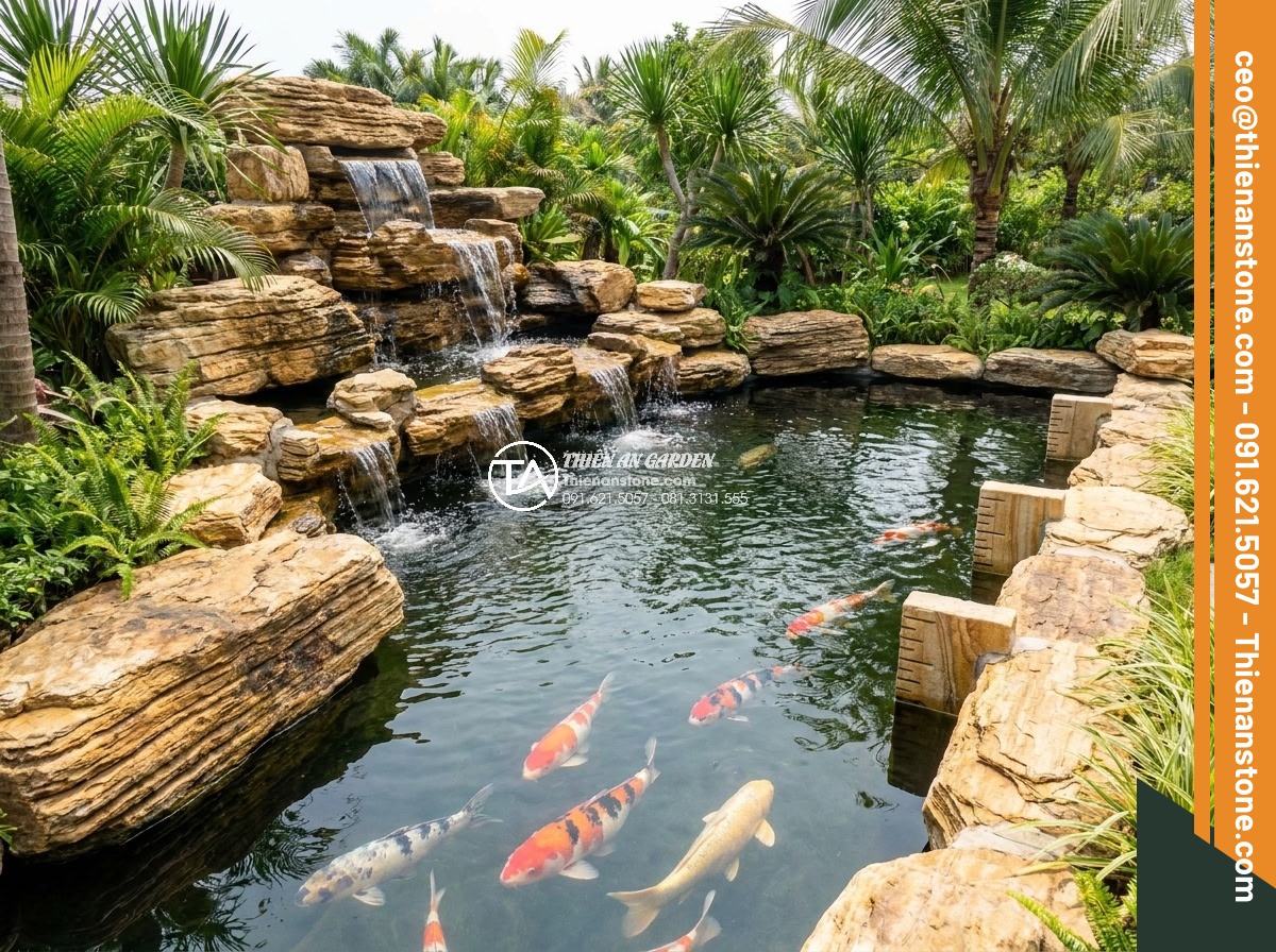 Cách tính khối lượng đá cổ thạch cần thiết cho một hồ cá Koi tiêu chuẩn - Wide angle view of a professionally designed standard Koi pond meeting all crite