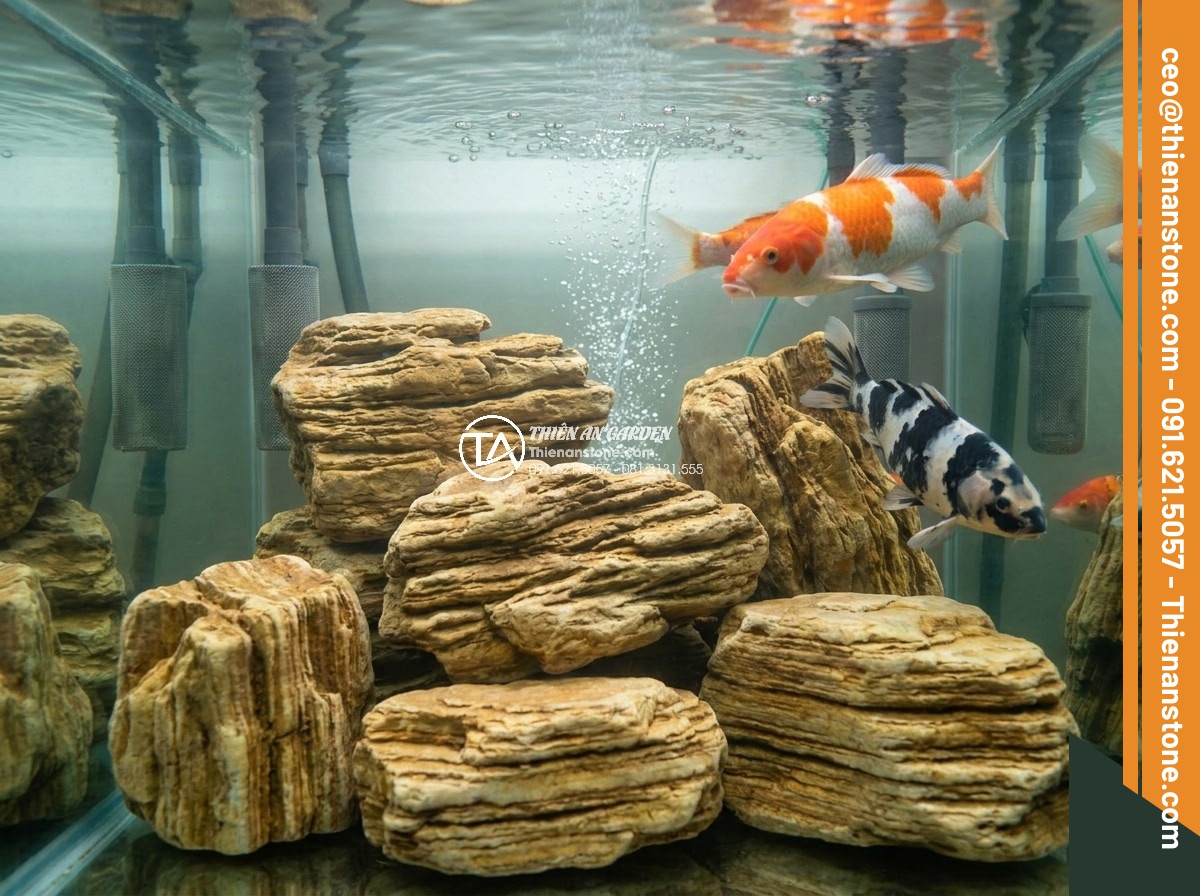 Cách tính khối lượng đá cổ thạch cần thiết cho một hồ cá Koi tiêu chuẩn - Detailed underwater perspective of a Koi pond interior showing layered ancient s
