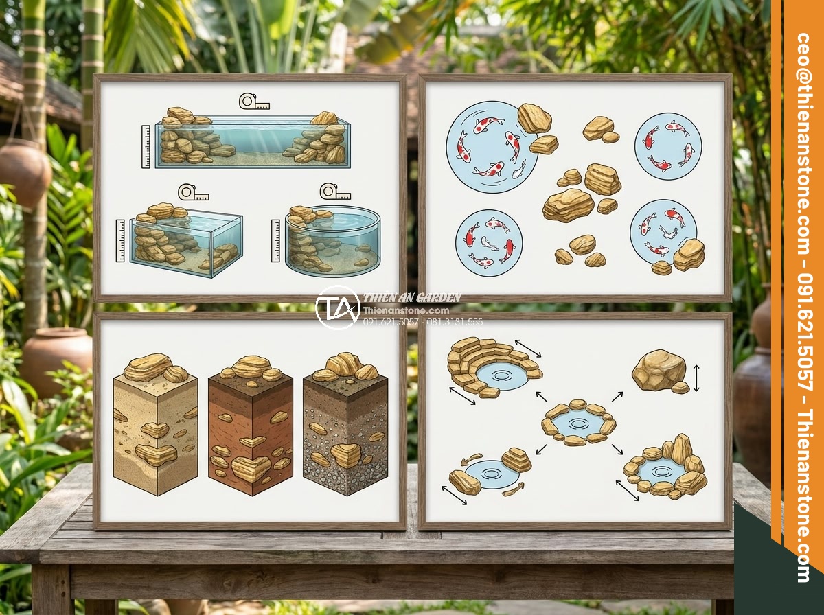 Cách tính khối lượng đá cổ thạch cần thiết cho một hồ cá Koi tiêu chuẩn - Infographic-style image illustrating various factors affecting stone volume in K