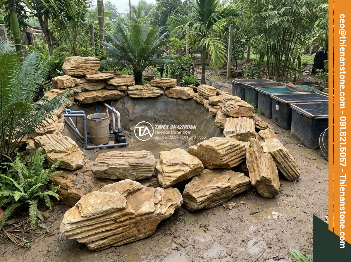 Cách tính khối lượng đá cổ thạch cần thiết cho một hồ cá Koi tiêu chuẩn - Realistic scene of multiple influencing factors in action: a Koi pond under cons