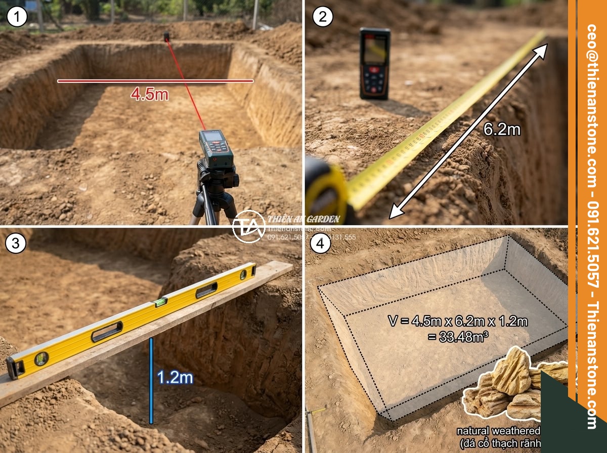 Cách tính khối lượng đá cổ thạch cần thiết cho một hồ cá Koi tiêu chuẩn - Step-by-step instructional diagram with real photos showing measurement tools li
