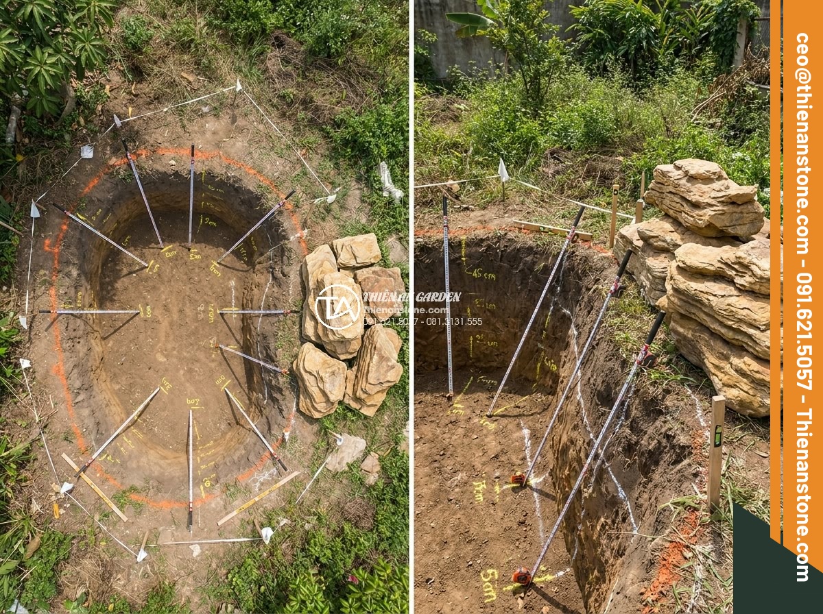 Cách tính khối lượng đá cổ thạch cần thiết cho một hồ cá Koi tiêu chuẩn - Detailed aerial and side-view measurements of a pre-construction Koi pond site i