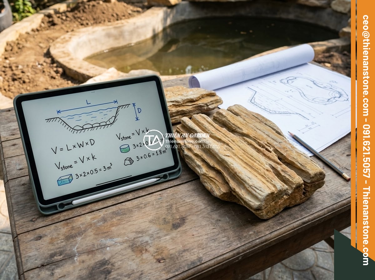 Cách tính khối lượng đá cổ thạch cần thiết cho một hồ cá Koi tiêu chuẩn - Mathematical formula visualization with example calculations for Koi pond stone 