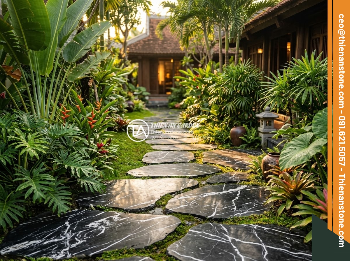 Cách tính số lượng đá dặm bước cần thiết cho một lối đi dài 20m - Professional high-resolution photograph of a perfectly calculated 20-meter natur