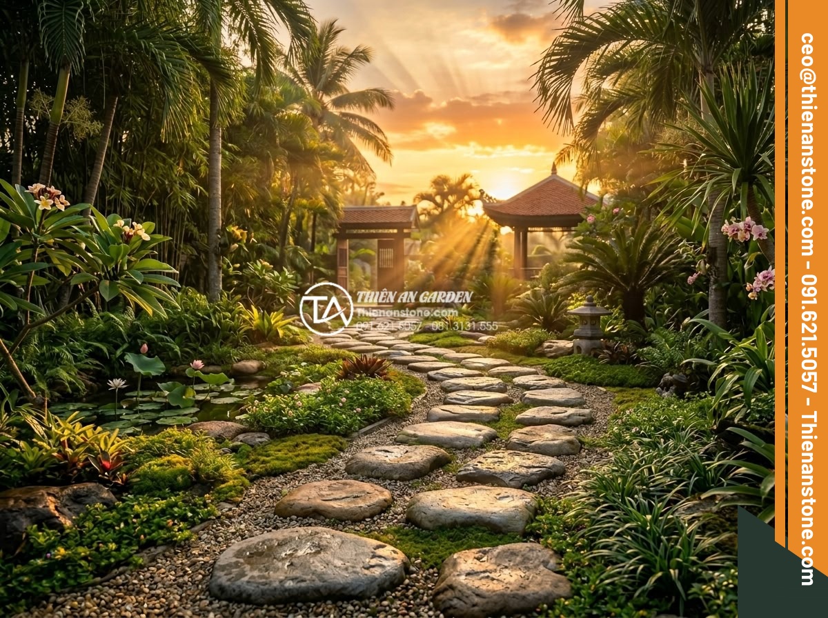 Cách tính số lượng đá dặm bước cần thiết cho một lối đi dài 20m - Inspirational final image of a stunning completed 20-meter natural stone steppin