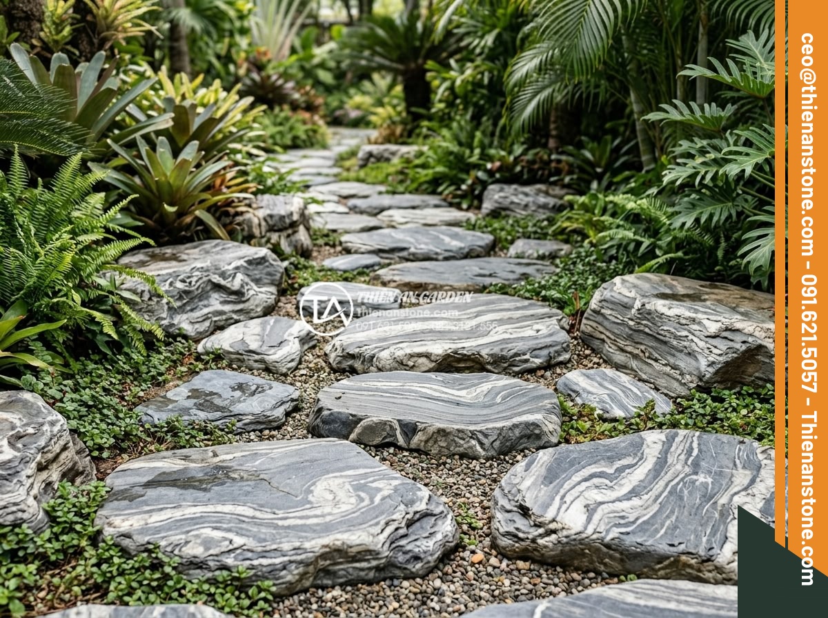 Cách tính số lượng đá dặm bước cần thiết cho một lối đi dài 20m - Detailed realistic image of various natural stepping stone sizes and shapes laid