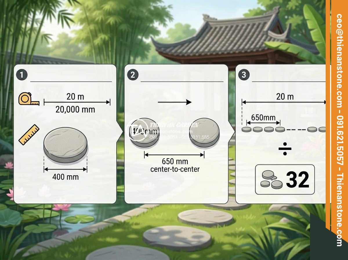 Cách tính số lượng đá dặm bước cần thiết cho một lối đi dài 20m - Technical diagram illustration showing step-by-step calculation of stepping ston