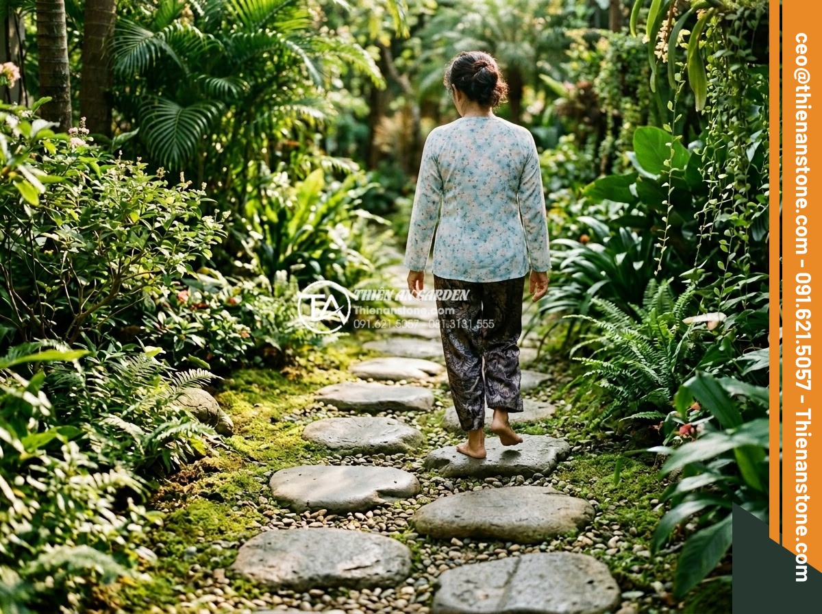 Cách tính số lượng đá dặm bước cần thiết cho một lối đi dài 20m - Realistic lifestyle photo of a person comfortably walking on a well-spaced natur