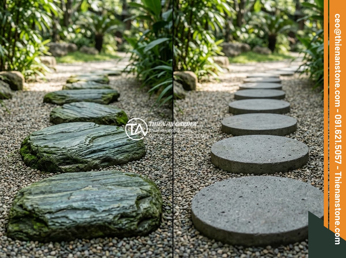 Cách tính số lượng đá dặm bước cần thiết cho một lối đi dài 20m - Side-by-side comparison high-resolution image of natural granite stepping stones