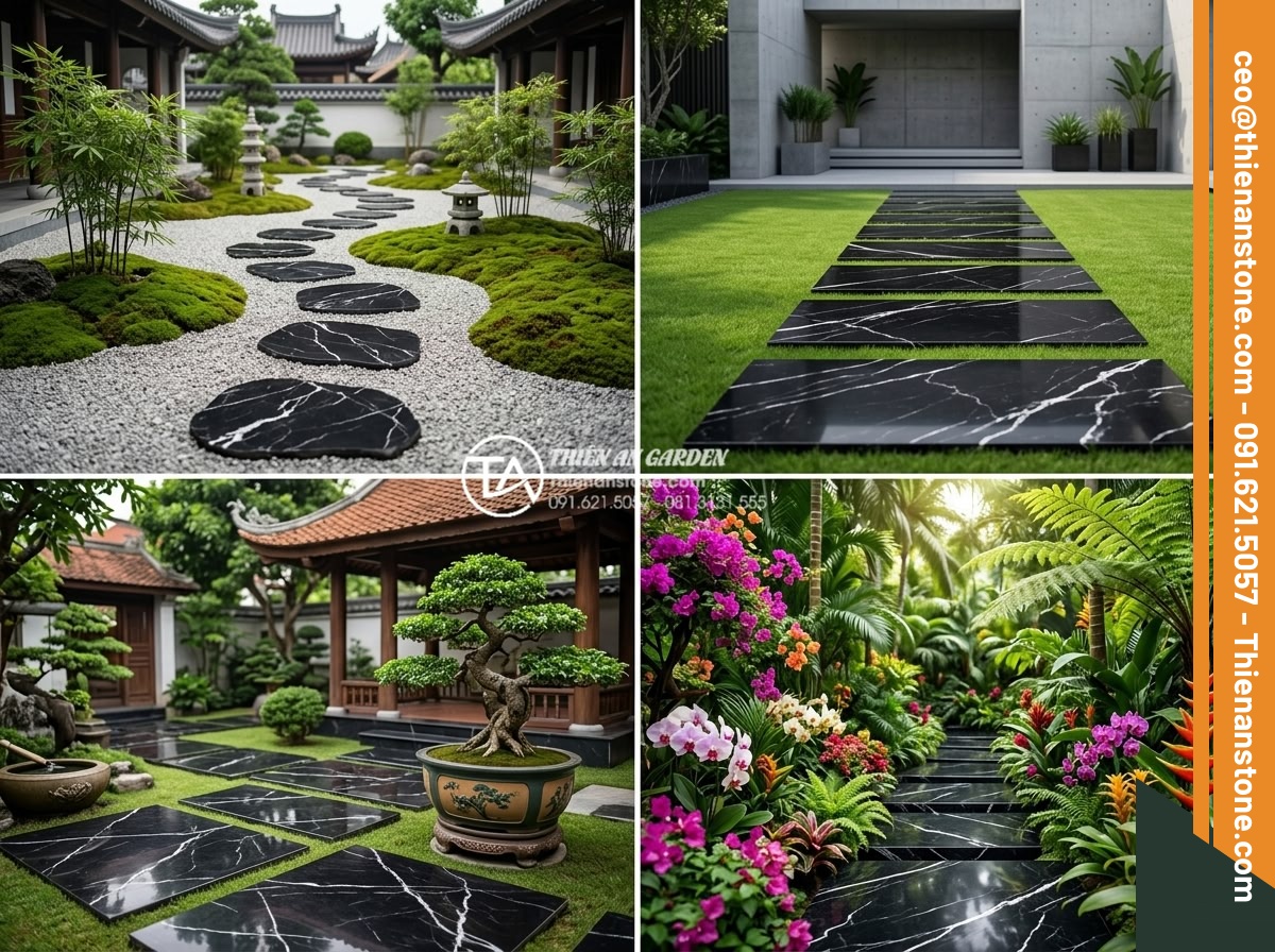 Cách tính số lượng đá dặm bước cần thiết cho một lối đi dài 20m - Beautiful collage of four different Vietnamese garden stepping path styles: Japa