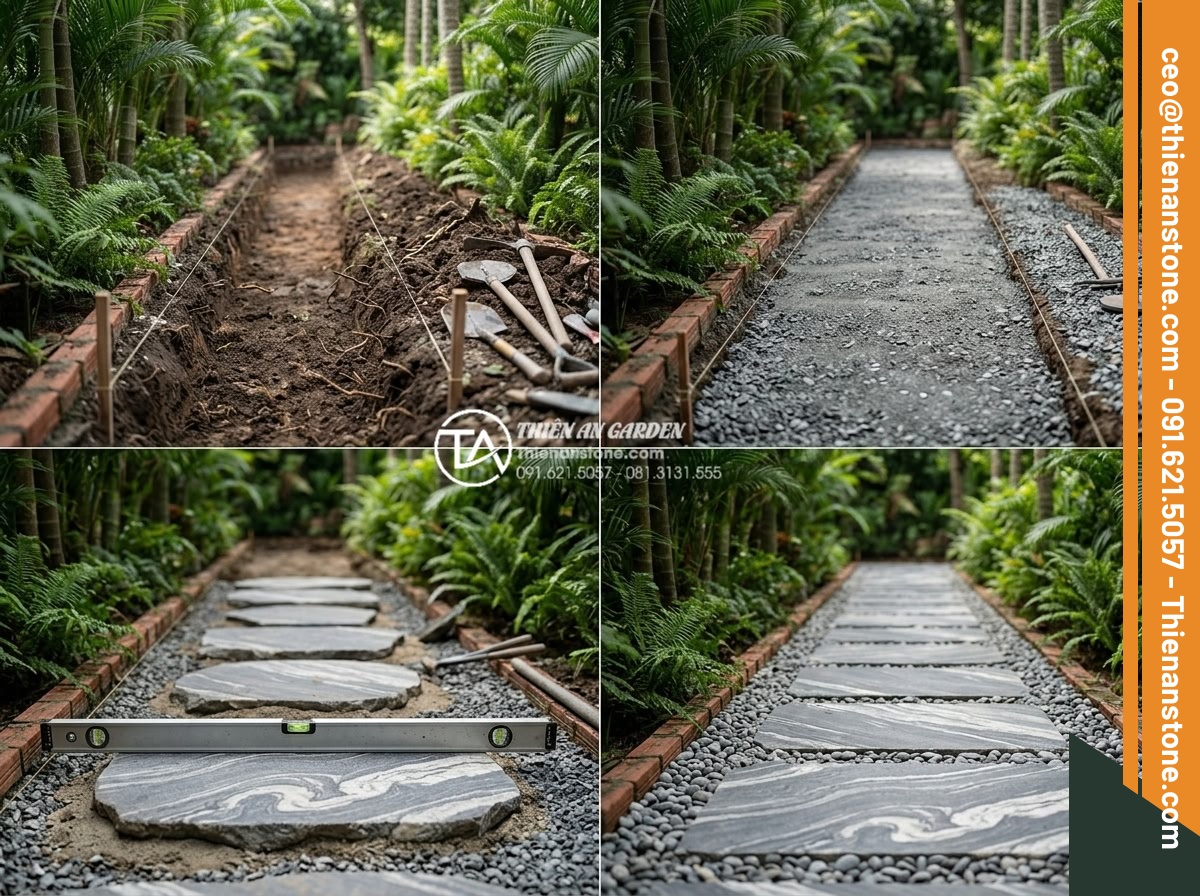 Cách tính số lượng đá dặm bước cần thiết cho một lối đi dài 20m - Step-by-step construction process photo series of professional workers installin