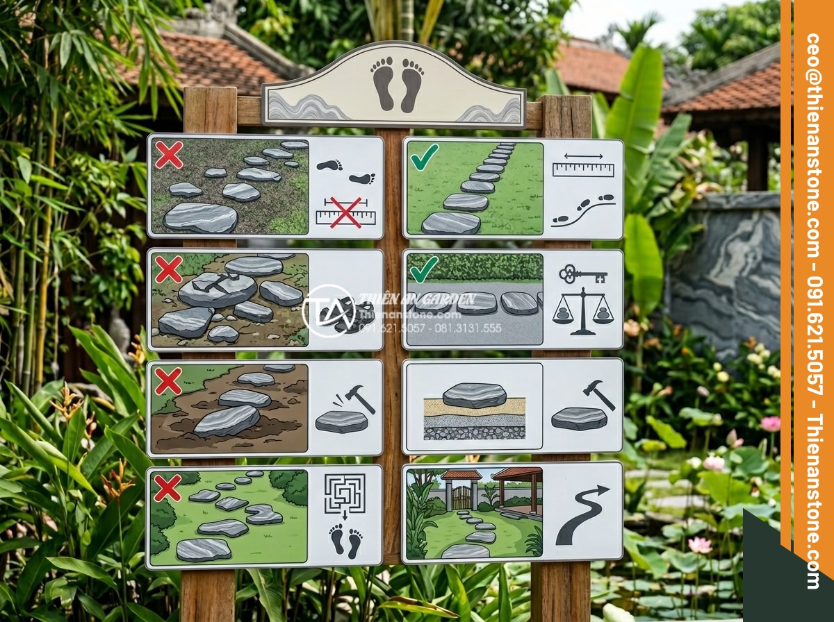 Cách tính số lượng đá dặm bước cần thiết cho một lối đi dài 20m - Educational infographic showing common mistakes in stepping stone path calculati