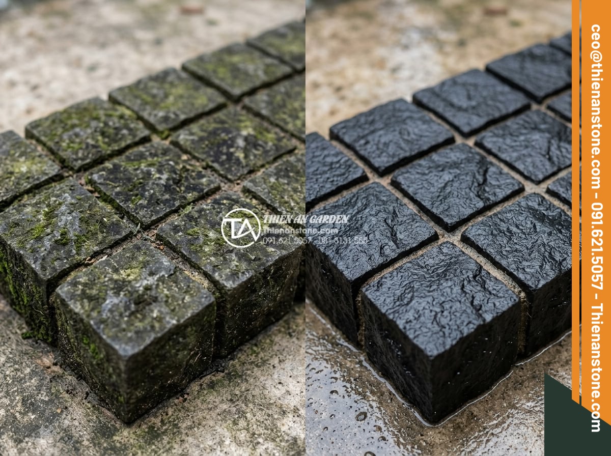 Cách vệ sinh và bảo dưỡng đá cubic lát sân luôn như mới - Detailed before-after close-up of stubborn stain removal from cubic pavers using