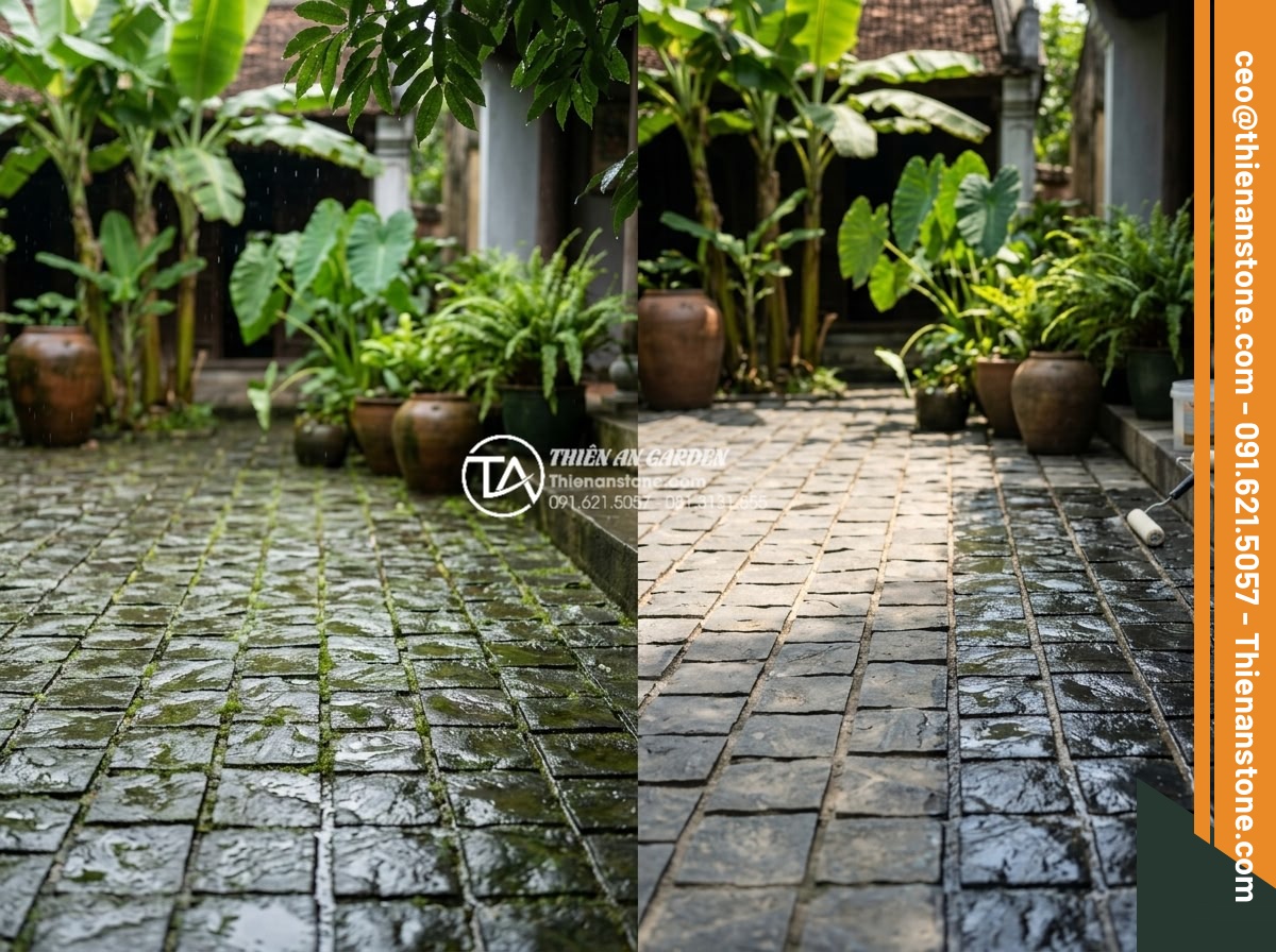 Cách vệ sinh và bảo dưỡng đá cubic lát sân luôn như mới - Seasonal maintenance guide illustration showing cubic stone pavers in rainy seas