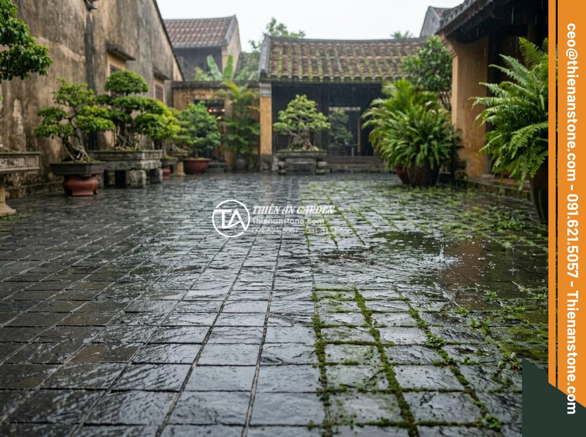 Cách vệ sinh và bảo dưỡng đá cubic lát sân luôn như mới - Cubic stone courtyard in different seasons highlighting maintenance differences 