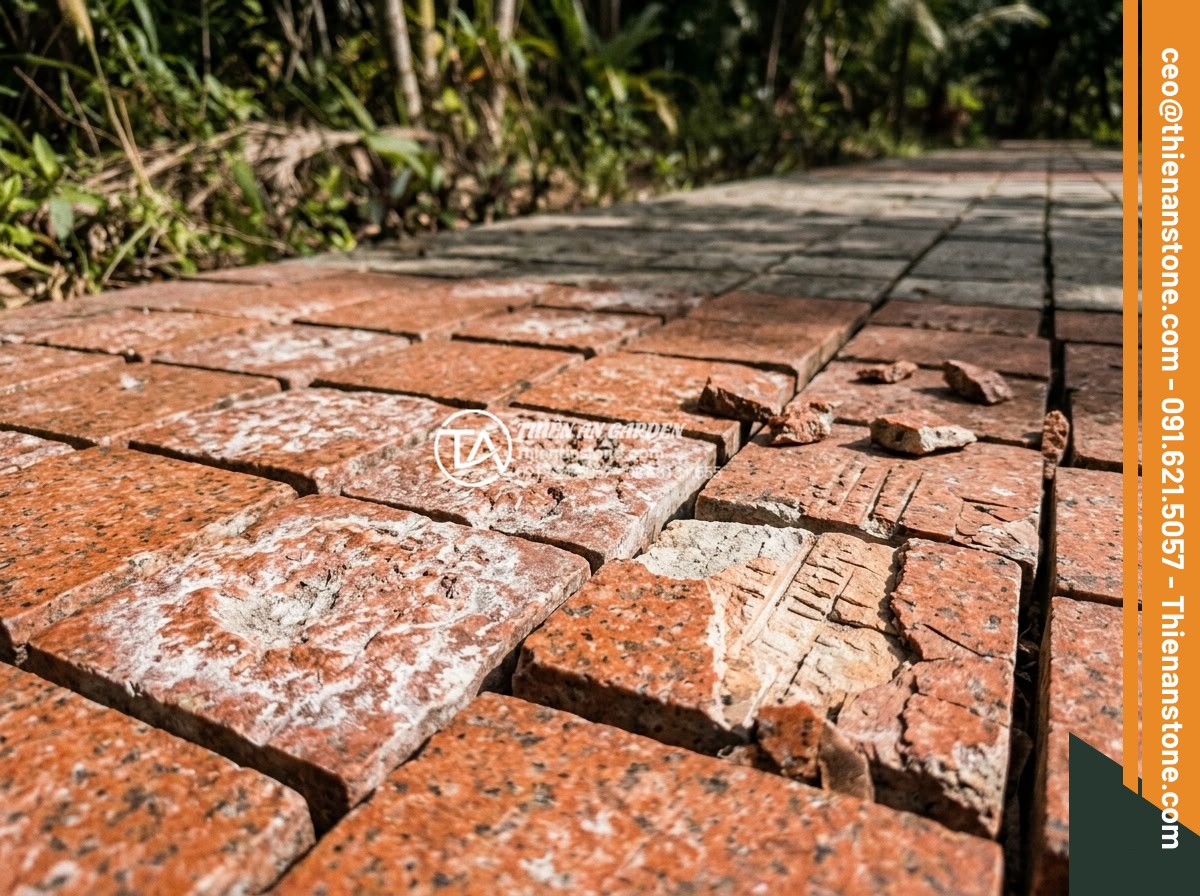 Cách vệ sinh và bảo dưỡng đá cubic lát sân luôn như mới - Common mistakes photos showing damaged cubic pavers from improper cleaning metho