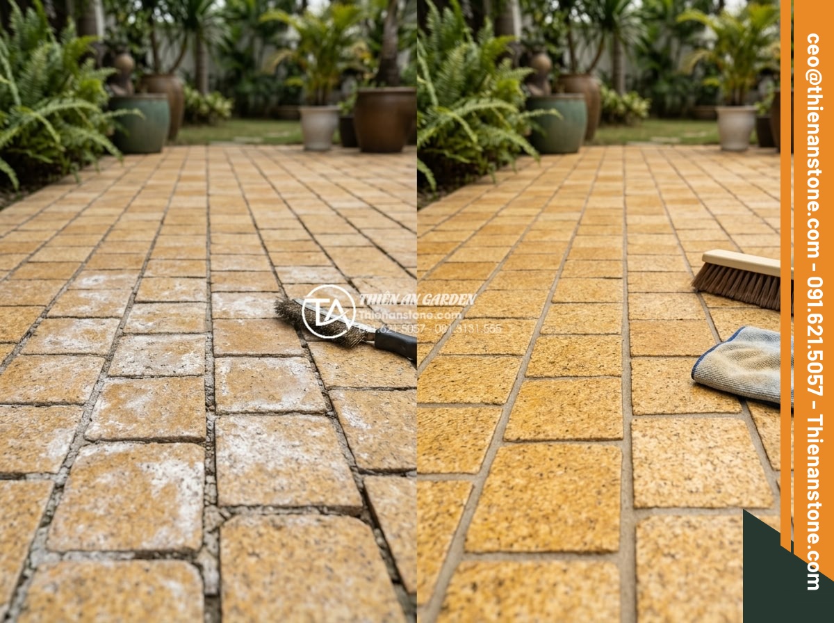 Cách vệ sinh và bảo dưỡng đá cubic lát sân luôn như mới - Correct versus incorrect maintenance techniques side by side on cubic stone surf