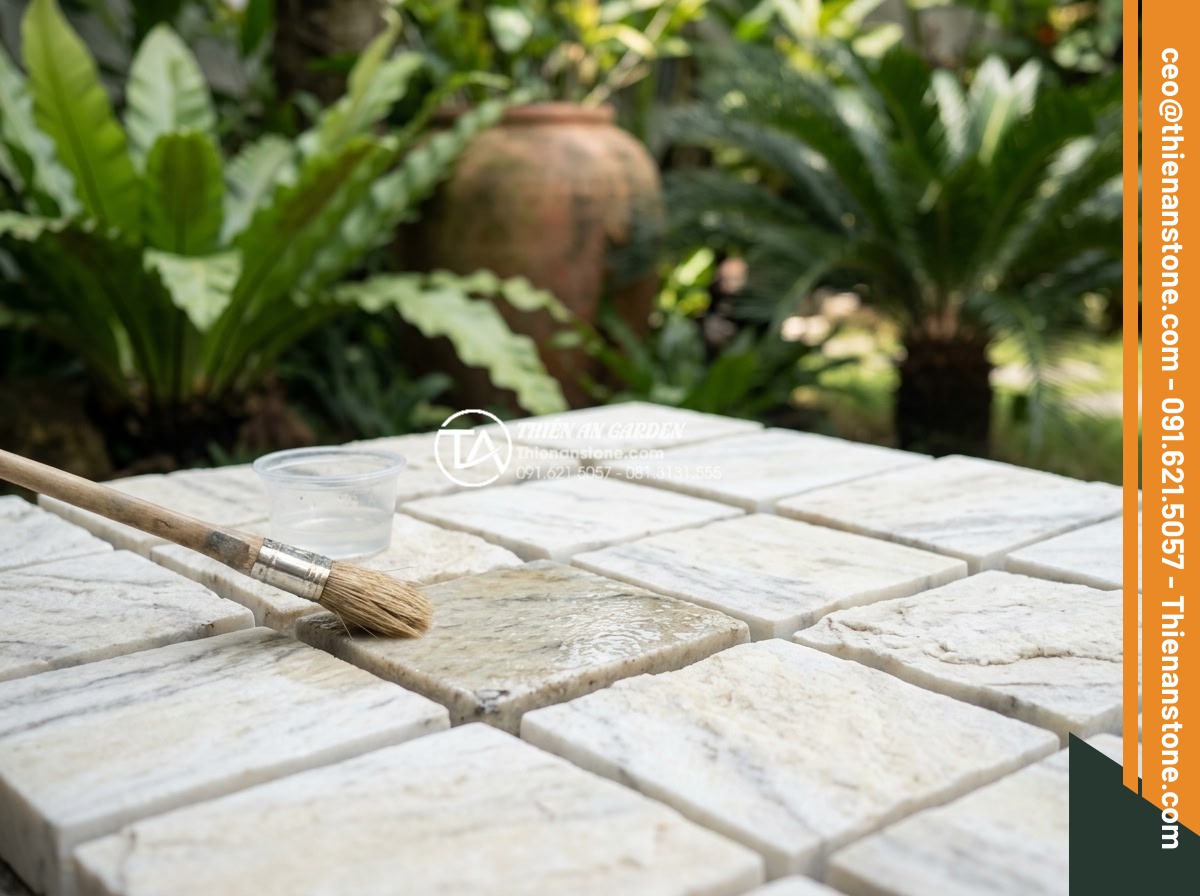 Cách vệ sinh và bảo dưỡng đá cubic lát sân luôn như mới - Expert tips demonstration with professional applying sealant on cubic pavers in 