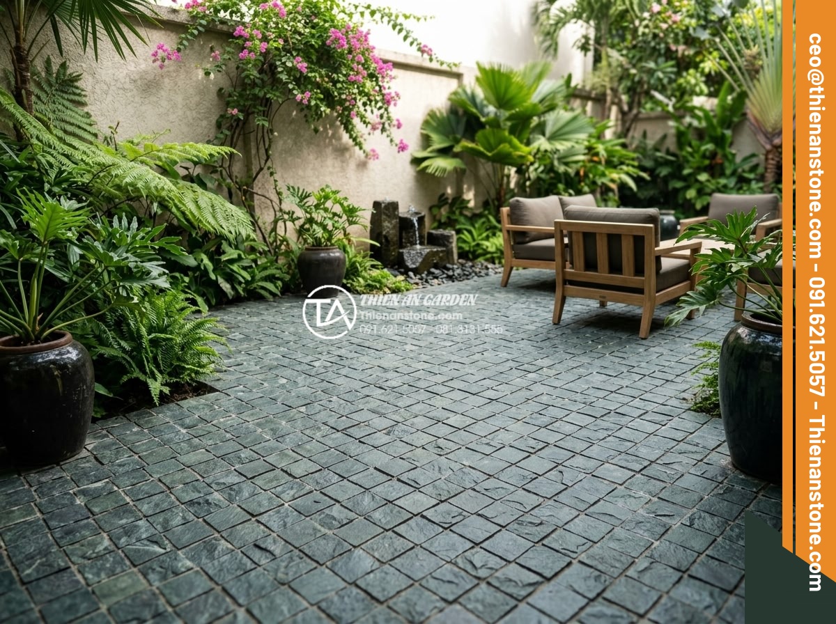 Cách vệ sinh và bảo dưỡng đá cubic lát sân luôn như mới - Luxurious maintained cubic stone patio with expert techniques visible like seale