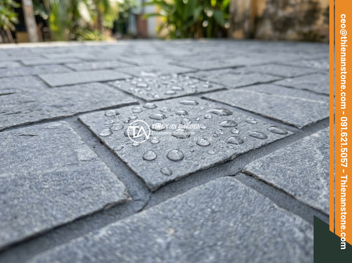 Cách vệ sinh và bảo dưỡng đá cubic lát sân luôn như mới - Close-up view of clean and polished cubic stone pavers after professional mainte