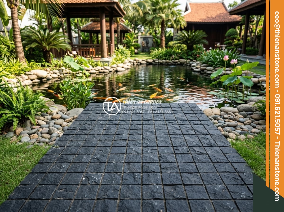 Cách vệ sinh và bảo dưỡng đá cubic lát sân luôn như mới - Beautifully maintained cubic stone garden path leading to Koi pond in resort-sty