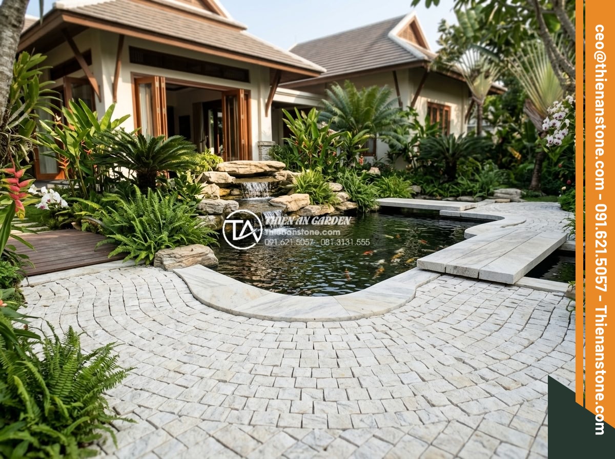 Cách vệ sinh và bảo dưỡng đá cubic lát sân luôn như mới - Wide angle shot of cubic stone pavers arranged in elegant pattern around a Koi p