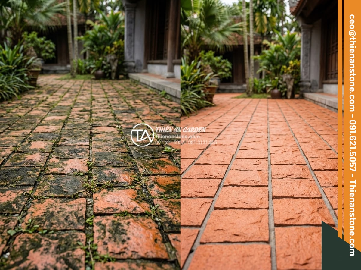 Cách vệ sinh và bảo dưỡng đá cubic lát sân luôn như mới - Before and after comparison photo showing dirty cubic stone pavers covered in mo