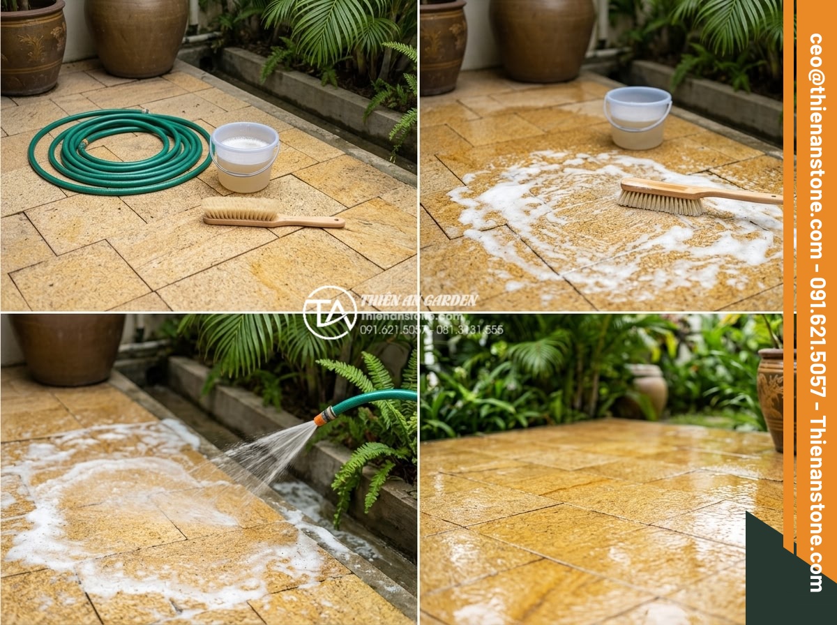 Cách vệ sinh và bảo dưỡng đá cubic lát sân luôn như mới - Step-by-step instructional image sequence of daily cleaning process for cubic st