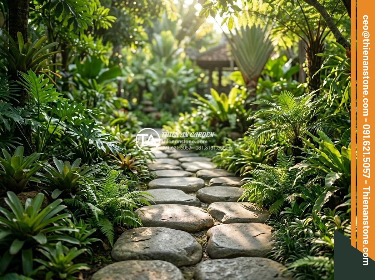 Cách vệ sinh và bảo dưỡng đá dặm bước sân vườn không bị rêu mốc - High-resolution photograph of pristine natural stone stepping stones arranged in