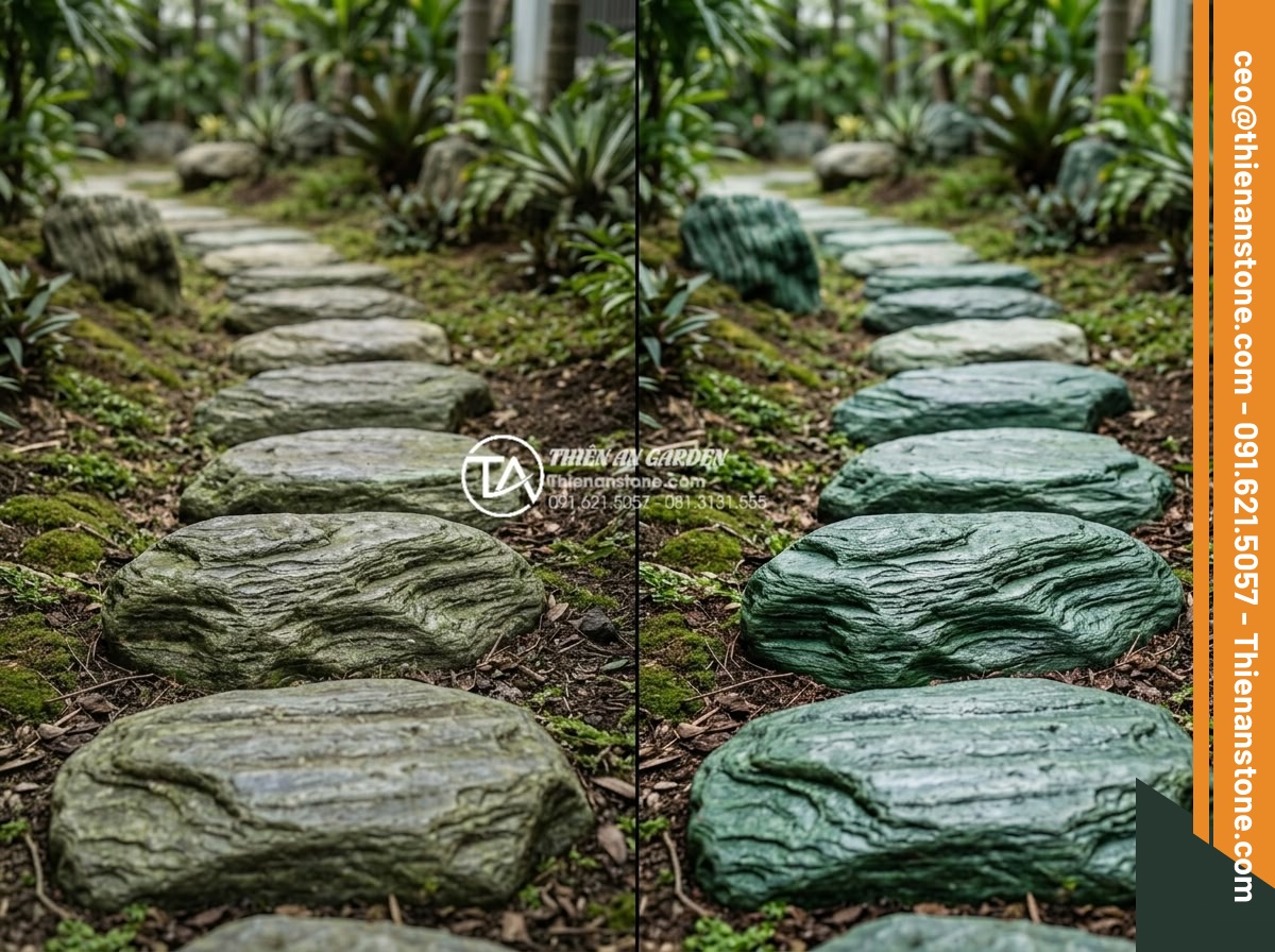 Cách vệ sinh và bảo dưỡng đá dặm bước sân vườn không bị rêu mốc - Before and after photos of stone stepping stones cleaned according to a regular 