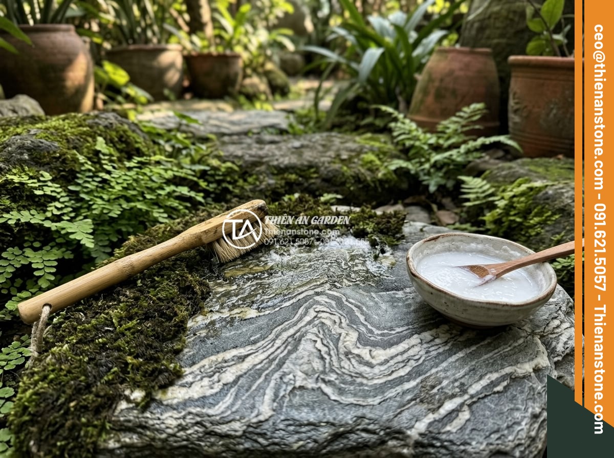 Cách vệ sinh và bảo dưỡng đá dặm bước sân vườn không bị rêu mốc - Detailed process image of removing stubborn moss from garden stepping stones usi