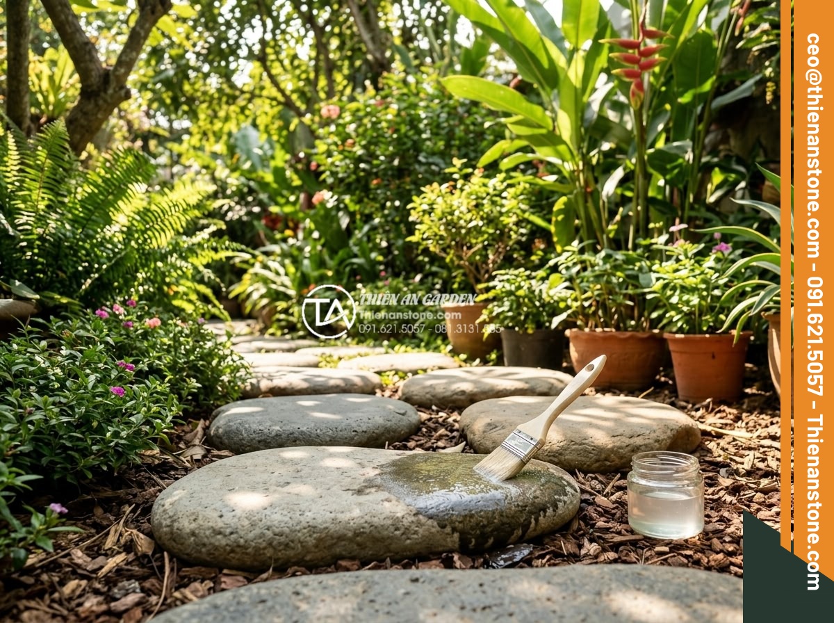 Cách vệ sinh và bảo dưỡng đá dặm bước sân vườn không bị rêu mốc - Application of protective sealant on clean stone stepping stones to prevent futu