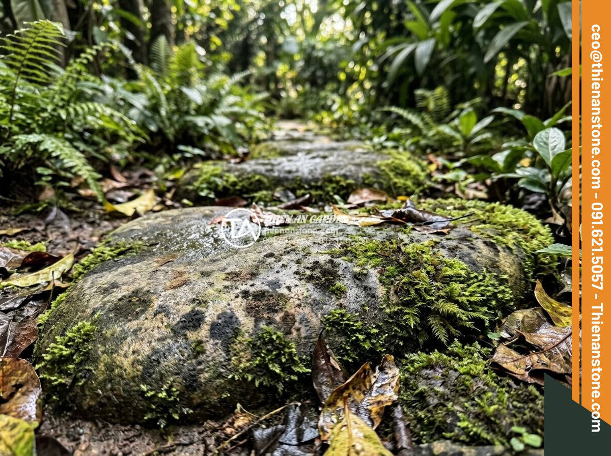 Cách vệ sinh và bảo dưỡng đá dặm bước sân vườn không bị rêu mốc - Close-up image showing moss and mold growth on untreated natural stone stepping 