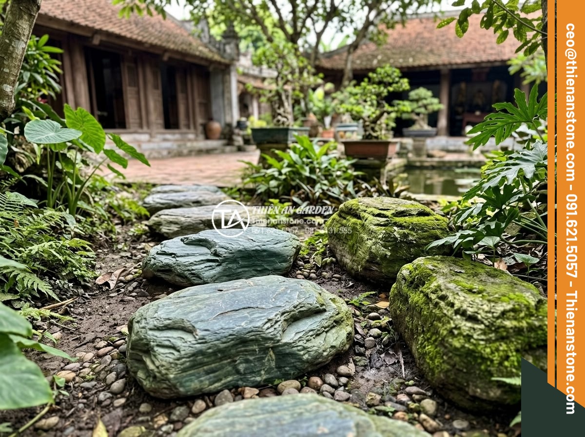 Cách vệ sinh và bảo dưỡng đá dặm bước sân vườn không bị rêu mốc - Professional photo comparing clean versus mossy versions of popular garden stepp