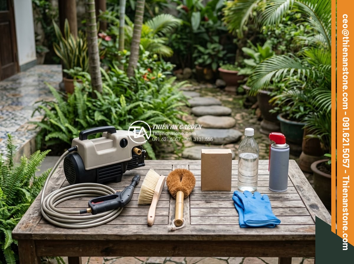 Cách vệ sinh và bảo dưỡng đá dặm bước sân vườn không bị rêu mốc - Organized collection of cleaning tools for stone stepping stones including soft 