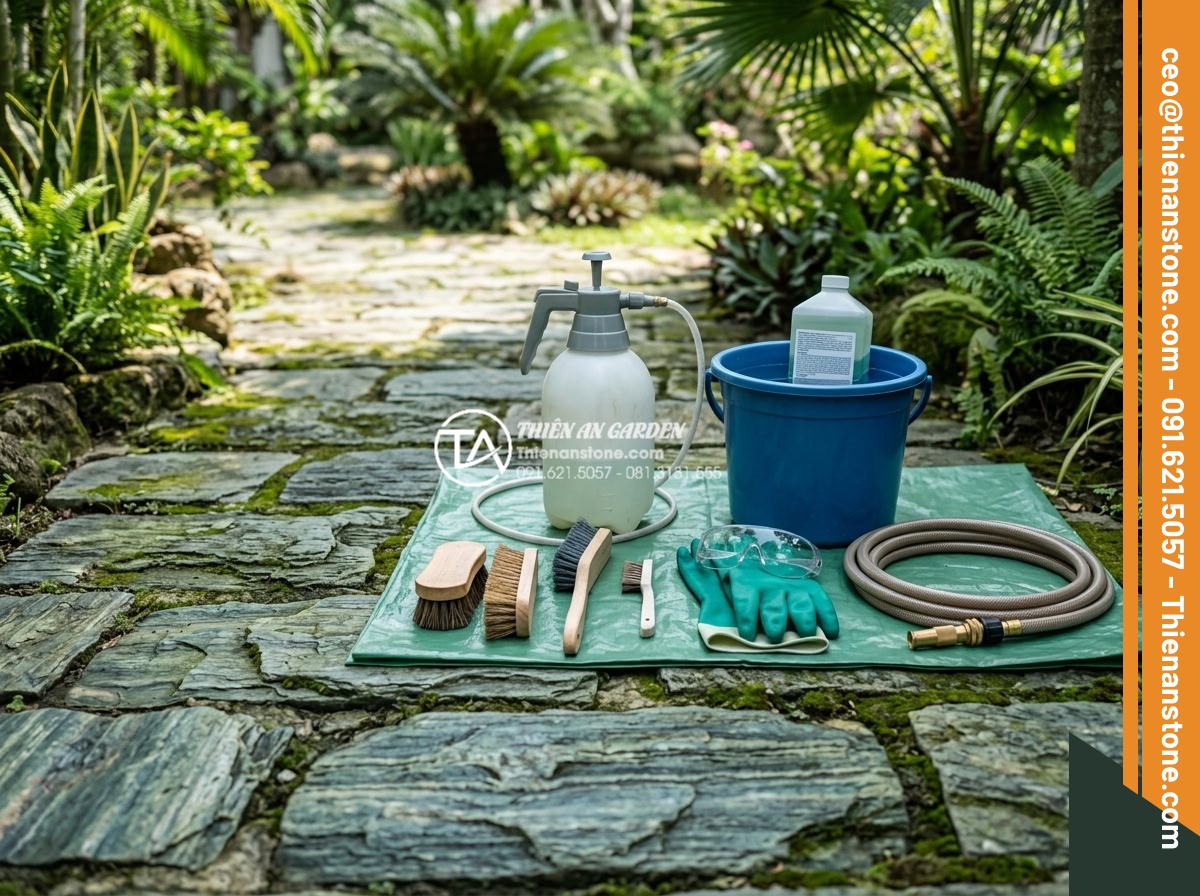 Cách vệ sinh và bảo dưỡng đá dặm bước sân vườn không bị rêu mốc - Step-by-step preparation setup showing all necessary materials laid out for clea