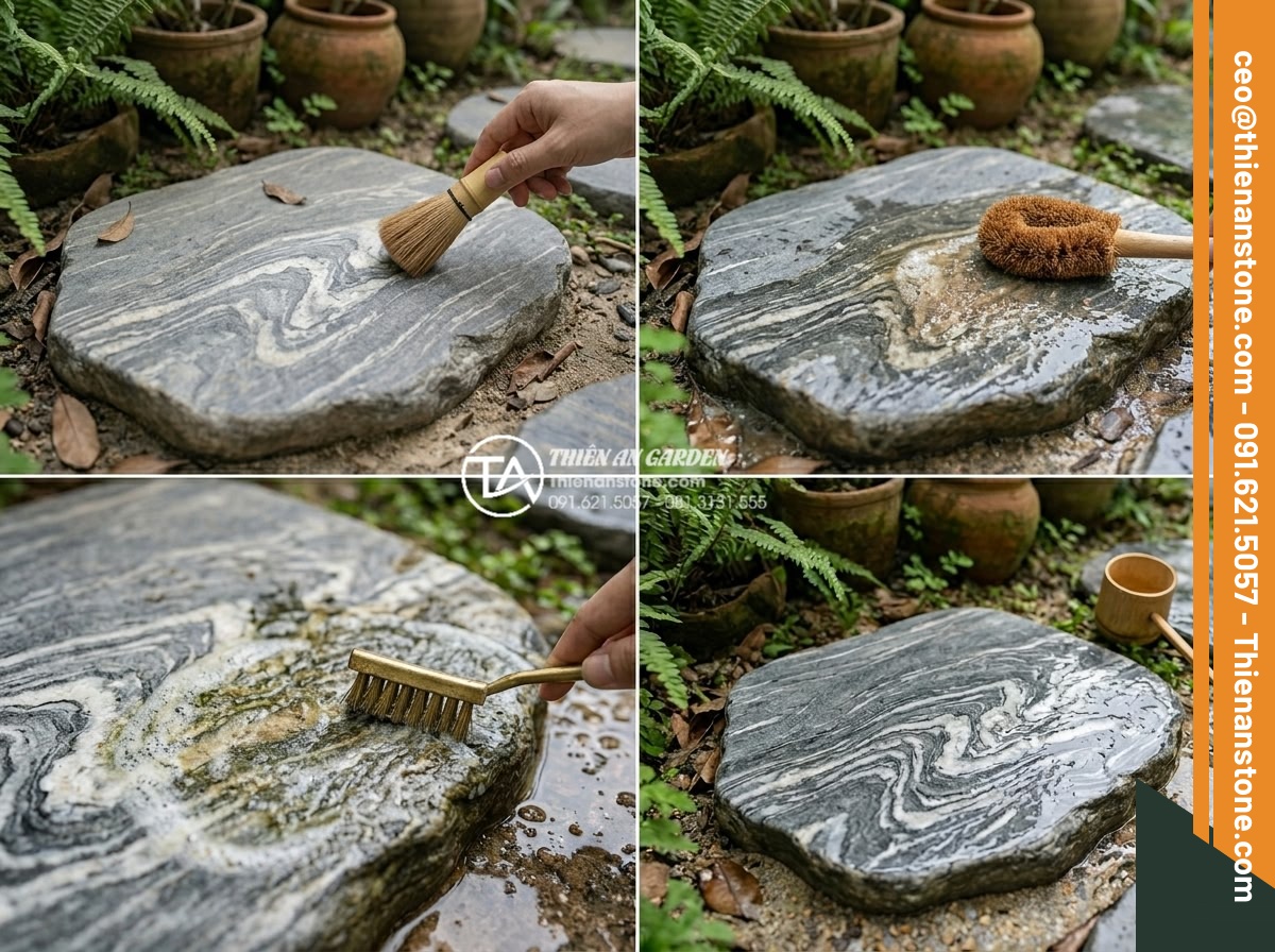 Cách vệ sinh và bảo dưỡng đá dặm bước sân vườn không bị rêu mốc - Step-by-step instructional image sequence showing daily, weekly, and monthly cle