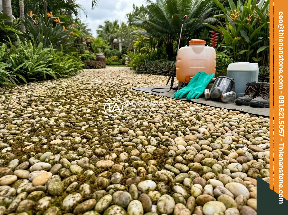 Cách Xử Lý Khi Sỏi Sân Vườn Bị Rêu Mốc Vào Mùa Mưa - Hình 13 Cách Xử Lý Khi Sỏi Sân Vườn Bị Rêu Mốc Vào Mùa Mưa - Professional application of chemical moss remover on large area of garden pebble