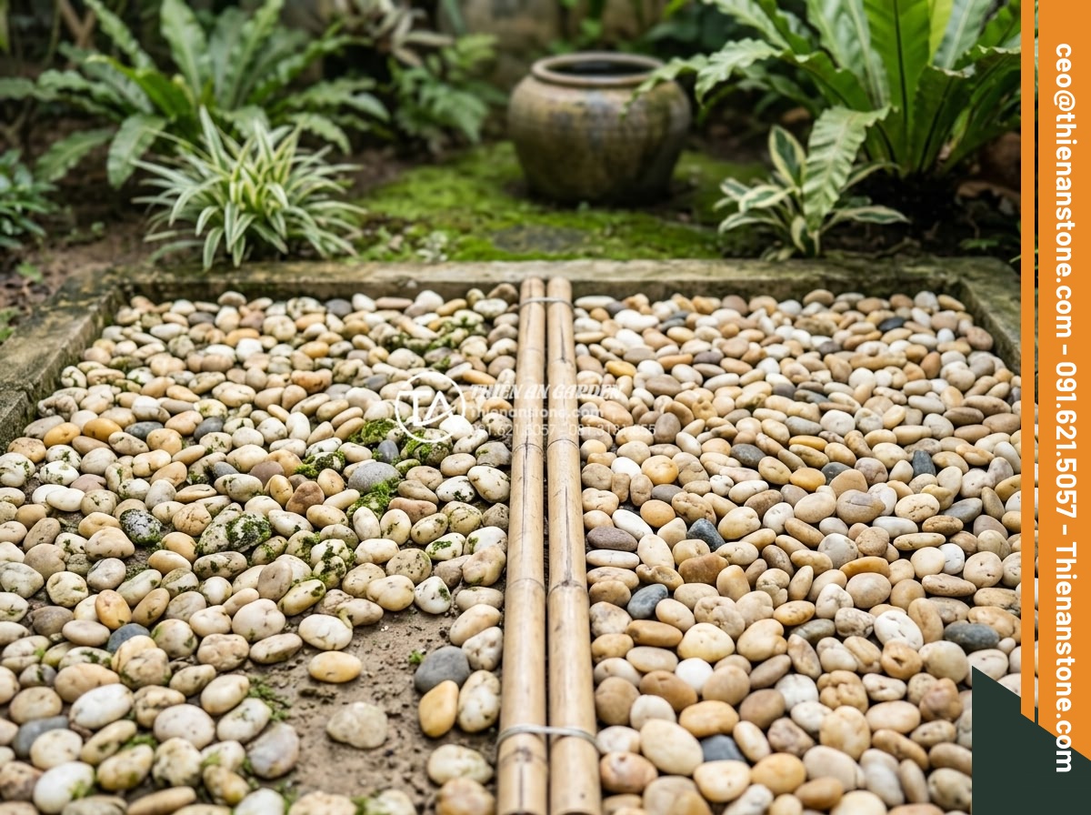 Cách Xử Lý Khi Sỏi Sân Vườn Bị Rêu Mốc Vào Mùa Mưa - Hình 15 Cách Xử Lý Khi Sỏi Sân Vườn Bị Rêu Mốc Vào Mùa Mưa - Comparison photo of different types of garden gravel: natural river pebbles vs p