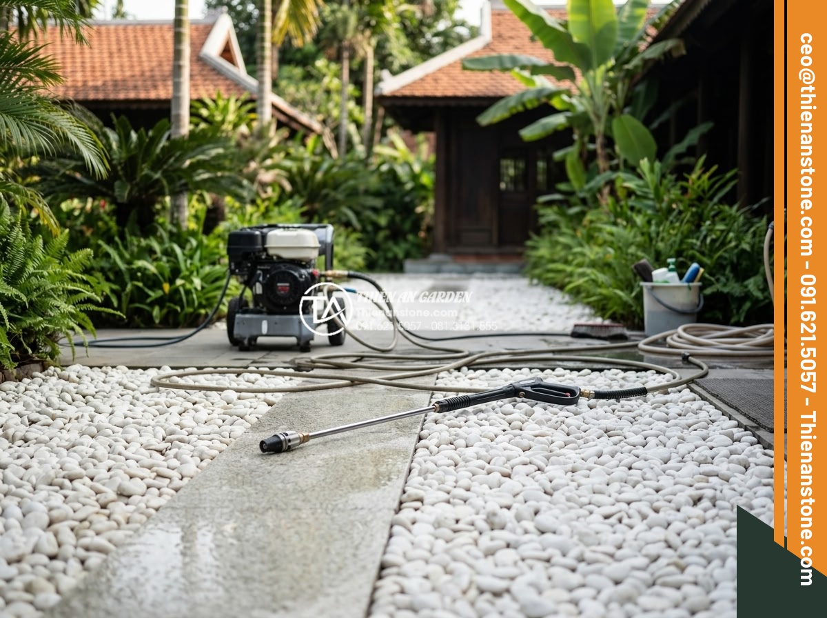 Cách Xử Lý Khi Sỏi Sân Vườn Bị Rêu Mốc Vào Mùa Mưa - Hình 17 Cách Xử Lý Khi Sỏi Sân Vườn Bị Rêu Mốc Vào Mùa Mưa - Scheduled maintenance worker pressure washing clean garden pebbles in a large vi