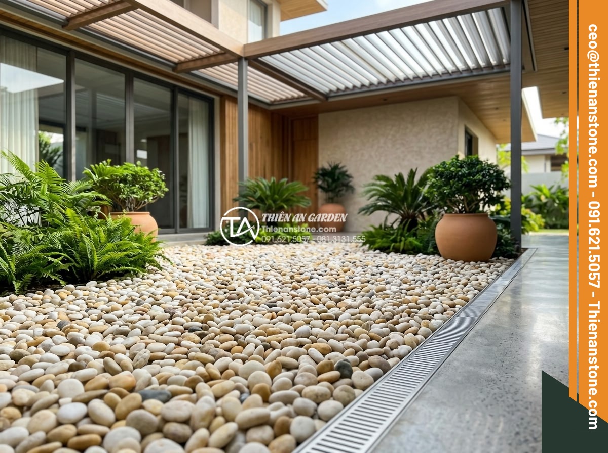 Cách Xử Lý Khi Sỏi Sân Vườn Bị Rêu Mốc Vào Mùa Mưa - Hình 19 Cách Xử Lý Khi Sỏi Sân Vườn Bị Rêu Mốc Vào Mùa Mưa - Modern smart-designed pebble garden with integrated drainage, sunlight optimizat