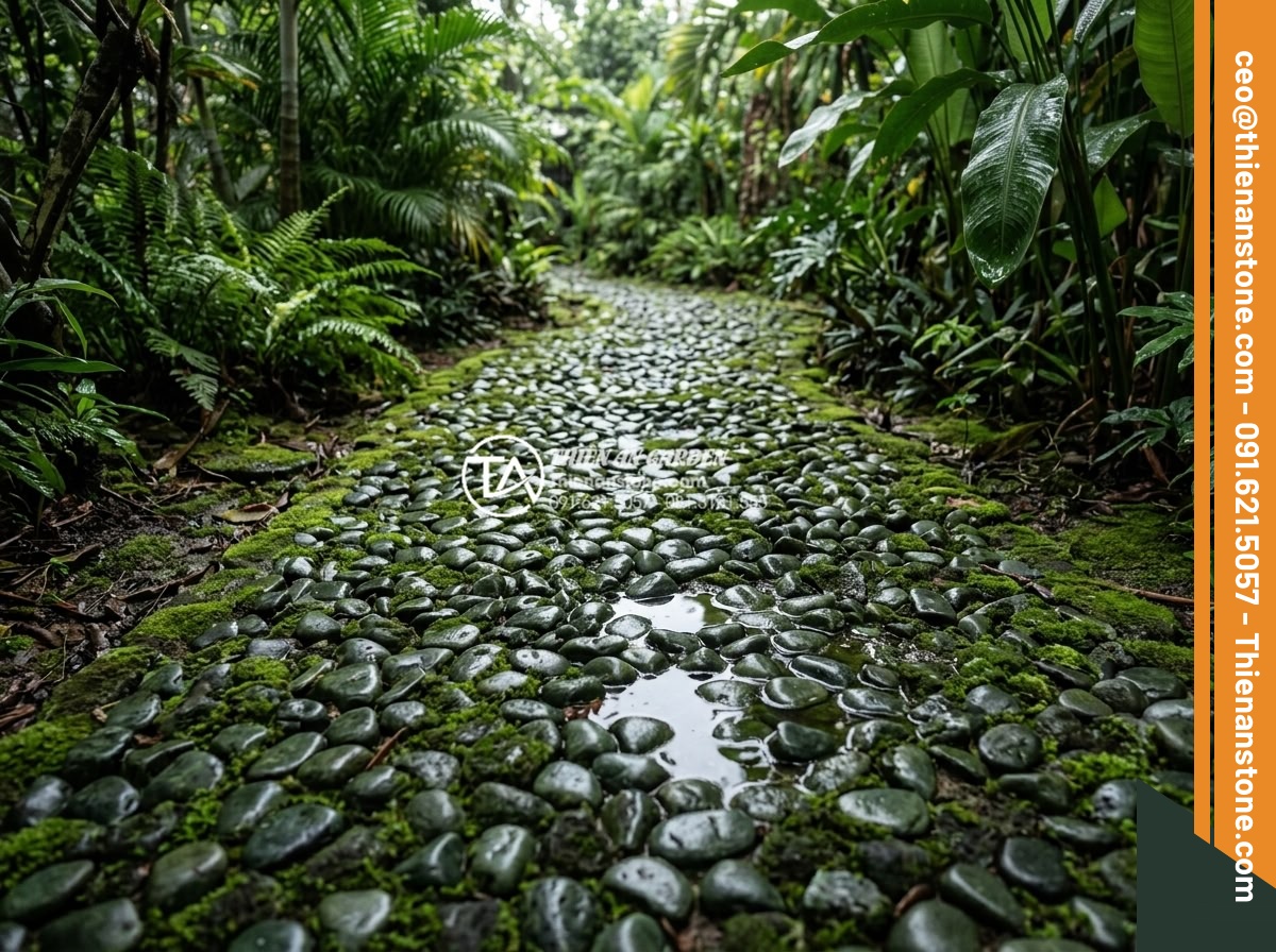 Cách Xử Lý Khi Sỏi Sân Vườn Bị Rêu Mốc Vào Mùa Mưa - Hình 2 Cách Xử Lý Khi Sỏi Sân Vườn Bị Rêu Mốc Vào Mùa Mưa - Wide angle view of a residential garden path made of natural pebbles heavily aff